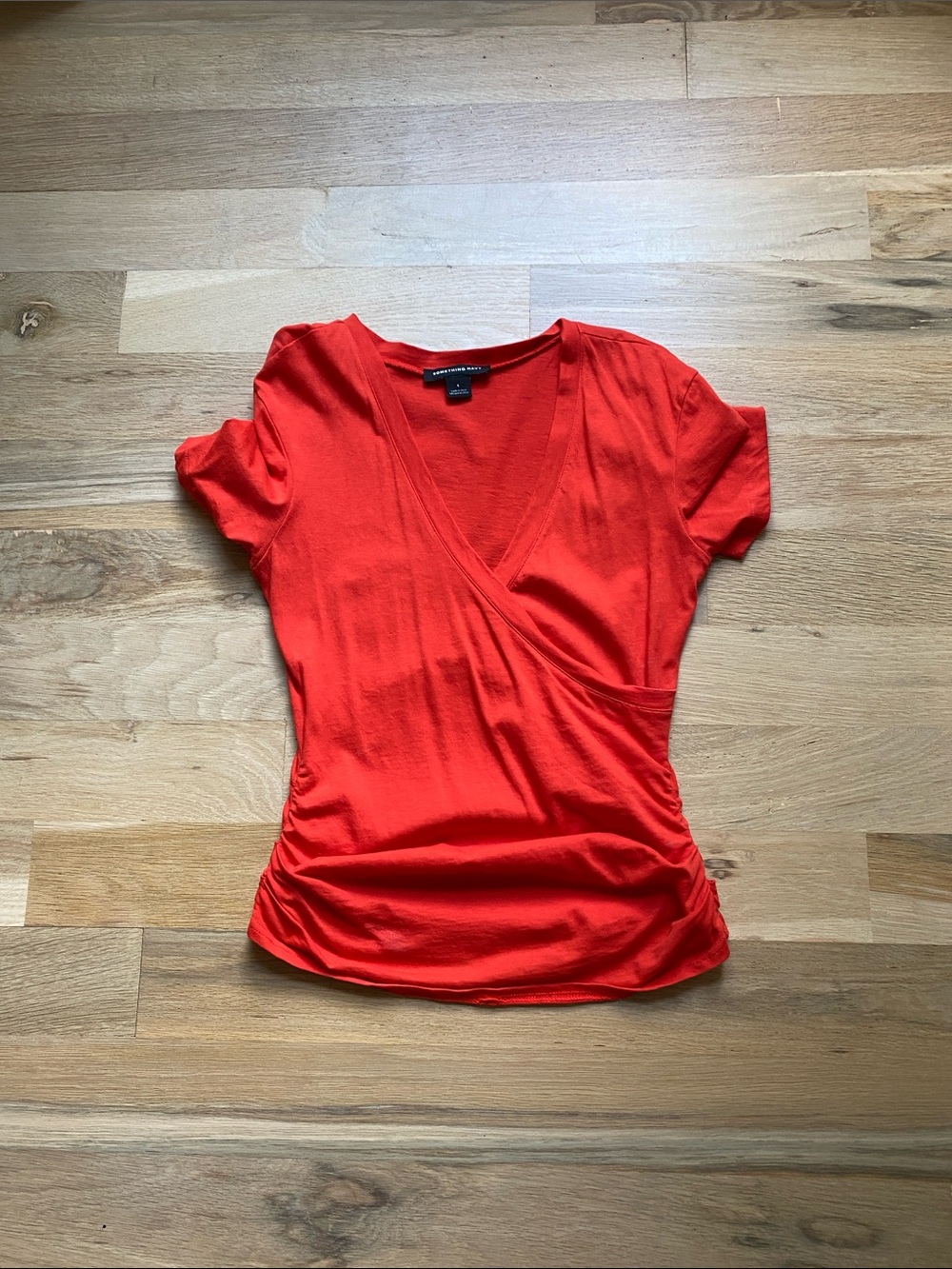 Something Navy Orange Faux-Wrap Short Sleeve Tee